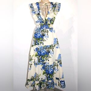 0324 Caroline Constas Garden Floral Blue White Smoked Cotton Maxi Dress S  NWT